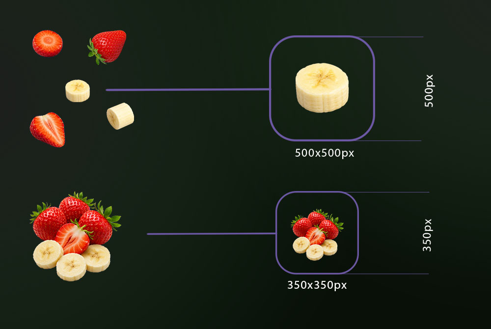 An individual banana slice uses a 500 by 500 pixel canvas; the complete strawberry and banana arrangement uses a 350 by 350 pixel canvas