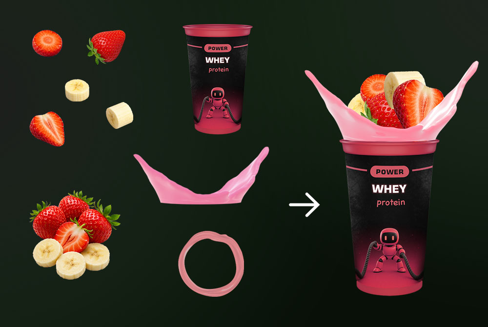Five strawberry and banana ingredient cutouts, a main ingredient arrangement, a circle, and a pink splash combine with a branded cup